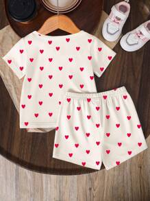 Baby Girl Heart Print Round Neck Short Sleeve T-Shirt And Shorts Knit Set, Suitable For Valentine's Day - Multicolor - View 2