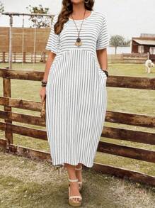 EMERY ROSE Plus Size Women's Summer Casual Striped Pocket Dress,Western Wear Women