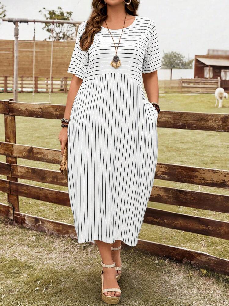 Plus Size Women's Summer Casual Striped Pocket Dress,Western Wear Women