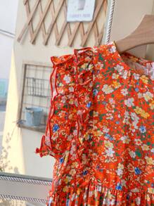 SHEIN Vestido Solto de Gola Redonda com Floral Miúdo Elegante Francês para Meninas, Primavera/Verão - Multicolorido - Visão 4