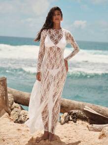 Opulessa 女士纯色针织蕾丝长袖美人鱼连衣裙 - 白色 - 查看 1