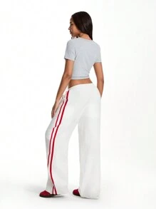 TRNVIE Casual Minimalist Side Contrast Stripe Low Rise Pants For Daily Wear - White - View 2