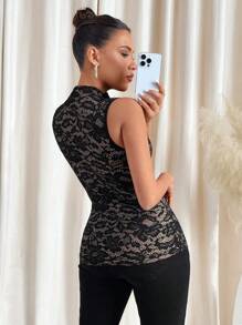 SHEIN Clasi Áo ba lỗ thời trang bó sát cổ ren cho nữ mùa xuân - màu đen - Xem 2