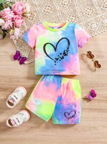 SHEIN 女婴夏季可爱扎染短袖T恤和短裤两件套 - 彩色 - 查看 6