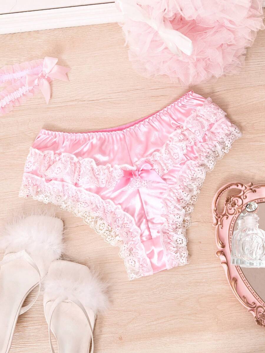 سروال أنثوي دانتيل مكشكش الحواف مزين بالوردي والأبيض، من التافتة المُزخرف بشكل أزهار رومانسي ورقيق، مناسب للاحتفالات والمهرجانات الموسيقية - وردي - مشاهدة 1