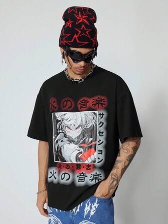 Camiseta casual de manga corta y cuello redondo con estampado de personaje de anime para hombre