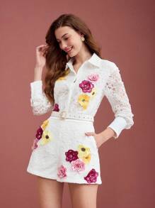 MOTF PREMIUM FLORAL EMBROIDERY SLANT POCKET SHORTS,SPRING/SUMMER - White - View 2