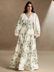 Anewsta 优雅花卉印花 V 领衬衫和裤子 2 件套服装，缎面面料，适合春夏季节日、度假 - 白色 - 查看 6