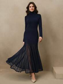 Anewsta Women's Elegant High Neck Patchwork Fabric Waist Fitted Sheer Sequin Mermaid Hem Knit Dress, Valentine's Day & New Year's Outfit - Blue - View 4