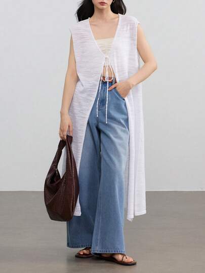 DAZY Linen Solid Color Minimalist Long Tunic, V-Neck With Drawstring, Casual Vacation Cardigan For Women Old Money Style