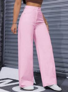 SHEIN ICON Women's Front Button Pocket Casual Loose Straight Jeans Y2k - Pink - View 6