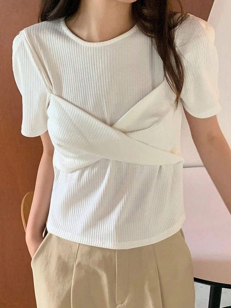 ウィメンズ ラウンドネック ツイスト スプライス 半袖Tシャツ、春夏