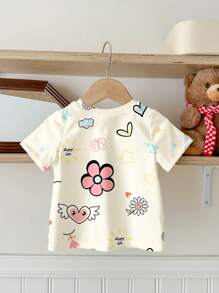 SHEIN Baby Girl Casual Flower & Heart Printed Short Sleeve Round Neck Top, Suitable For Spring/Summer - Multicolor - View 2