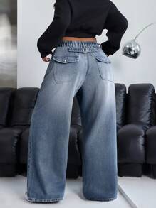 SHEIN EZwear Jeans de pierna ancha con lavado degradado de talla grande, informal - Gris Claro - Ver 2