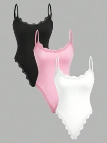 Comfortcana Multicolor Women's Casual Solid Color Lace Trim Bodysuit - Multicolor - View 1