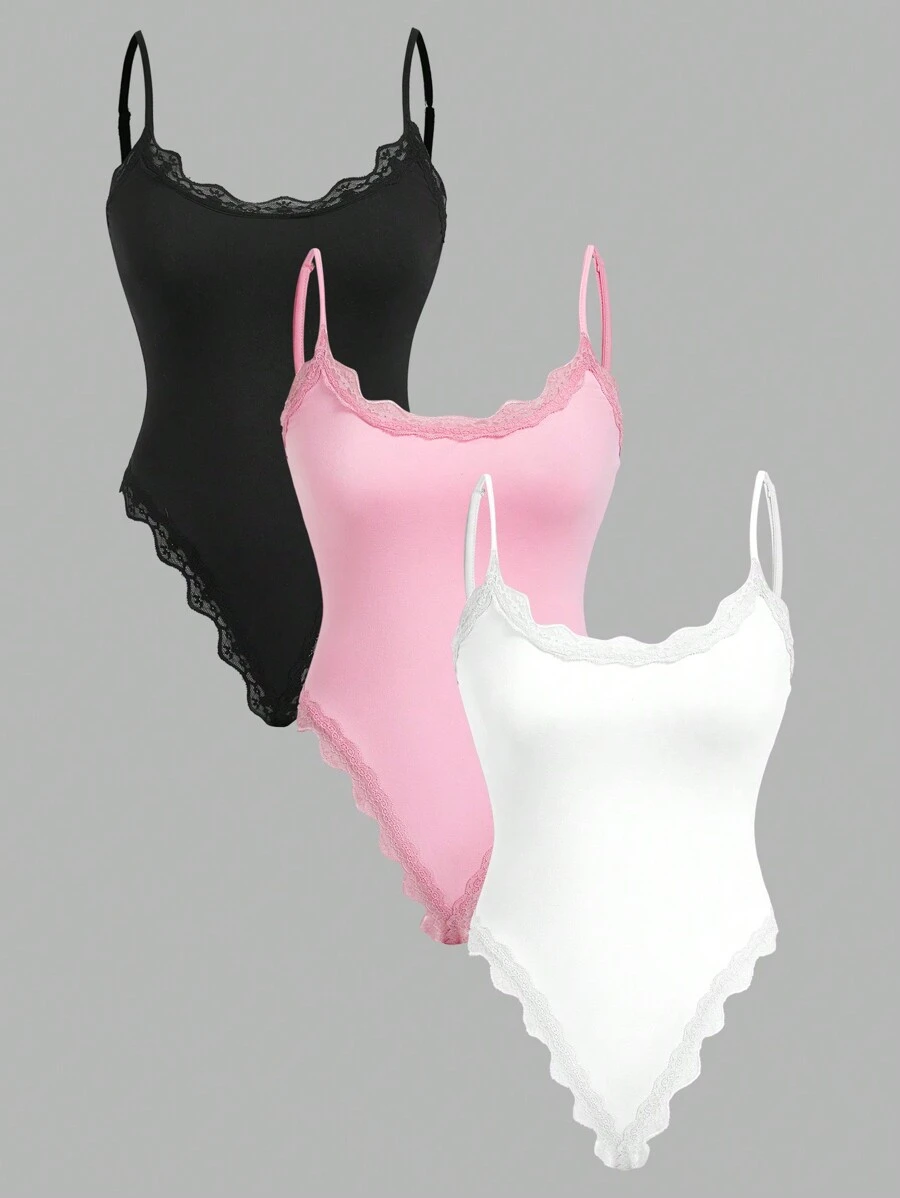 Comfortcana Multicolor Women's Casual Solid Color Lace Trim Bodysuit - Multicolor - View 1