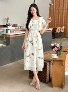 DAZY 女士纯色荷叶边腰部中长连衣裙花卉太阳裙 - 綠色 - 查看 4