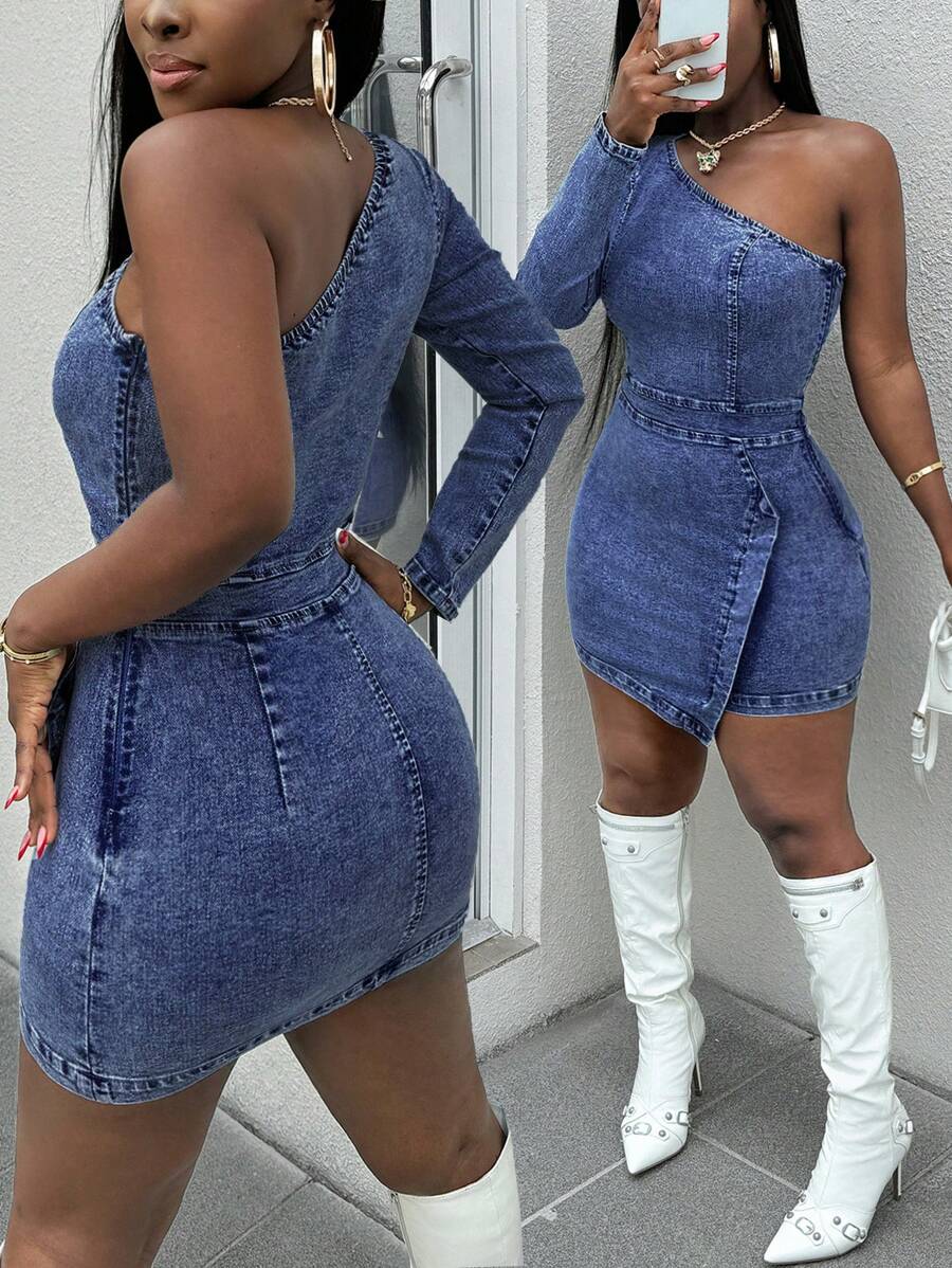 SHEIN SXY Women's Denim Dress Blue Sexy Tight Elastic One Shoulder Midi Dress Christmas Women Dress Halloween Dress Sexy Women Outfits Off Shoulder - Blue - View 1