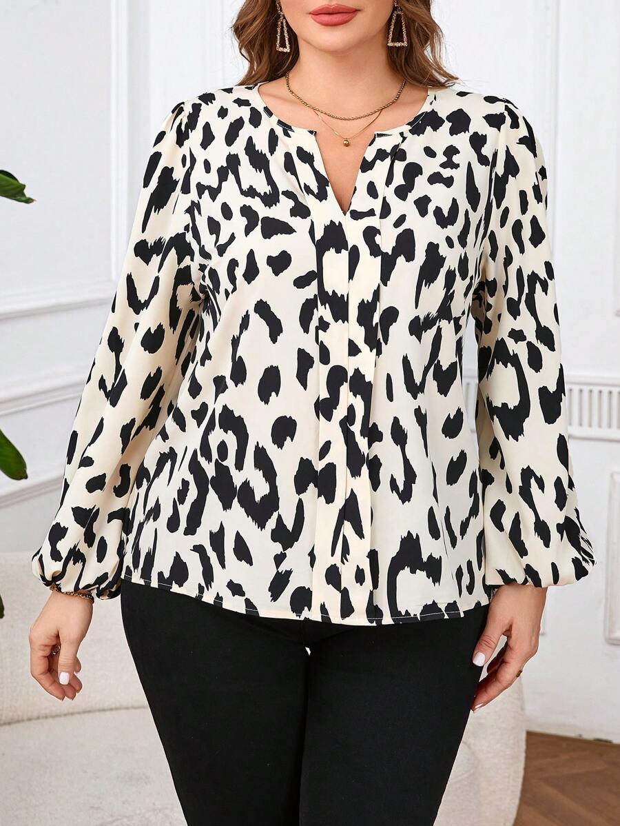 SHEIN Clasi 大码女式休闲动物印花 V 领长袖衬衫，宽松优雅的工作服设计，秋季