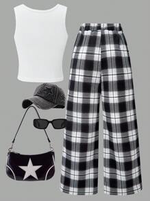 SHEIN ChillGRL 青少年女孩休闲甜美可爱吊带背心和复古格子阔腿裤两件套，适合日常、节日、假日、夏季、旅行 - 黑與白 - 查看 2