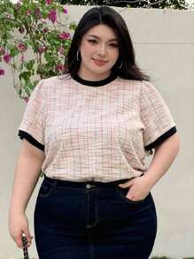 Dazy Plus Plus Size Women's Color Block Round Neck Short Sleeve T-Shirt, Spring/Summer Plaid - Pink - View 3