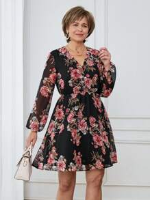Miaspire Vestido corto de mujer de gasa con estampado floral, cuello cruzado en V y manga larga casual