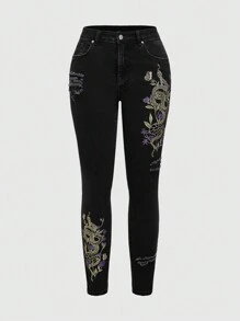 ROMWE Women's Fairycore Snake & Vine Embroidered Distressed Black Denim Jeans - Black - View 1