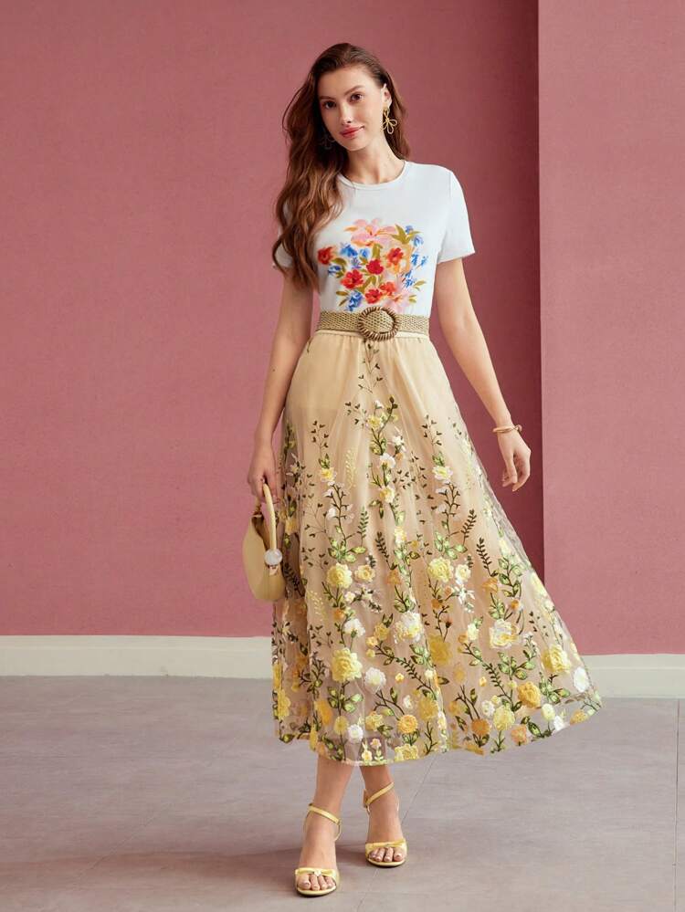 FLORAL EMBROIDERY MESH FLOWY SKIRT,SPRING/SUMMER