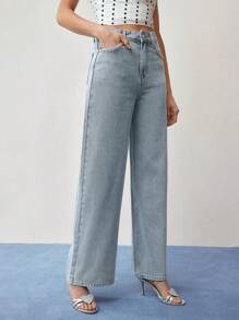 MOTF STUDIO RHINESTONE TRIM WIDE LEG JEANS - Blue - View 7
