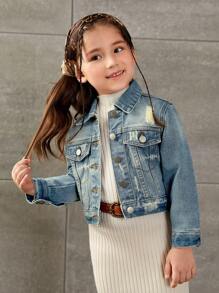 Sparklyn Young Girl Street Casual Distressed Washed Denim Short Jacket, Dark Blue, School, Campus, College