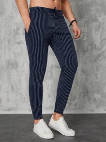 RueChic Men Striped Print Drawstring Waist Trousers - Black - View 3