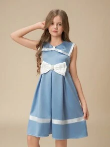 Đầm nữ mùa hè thanh lịch quyến rũ cổ xanh navy không tay eo cao eo cao nơ tương phản trang trí phong cách trường học - Màu xanh lam - Xem 3