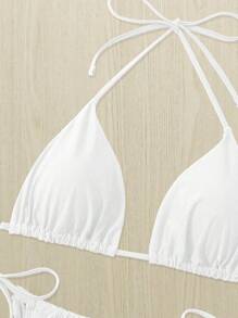 SHEIN Swim Curve 夏季 2 件套大码女式白色系带性感吊带短款上衣和下装休闲泳装套装 - 白色 - 查看 4