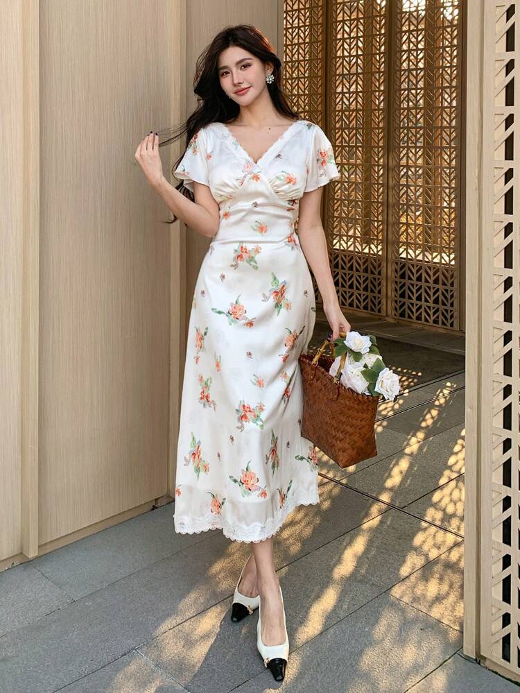 Women's Elegant Floral Full Print Lace Trim Dress Sundress Maxi Dress