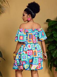Slaydiva Plus Size Women Geometric Print Off Shoulder Puff Sleeve Dress - Multicolor - View 8