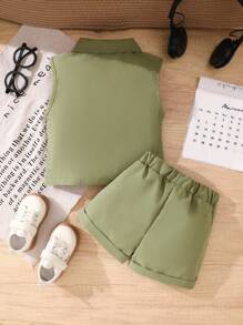 Conjunto de camisa e shorts sem mangas verde militar unissex para bebês/crianças pequenas, estilo casual simples, tecido macio e confortável, adequado para férias, viagens, escola, reuniões diárias, esportes, primavera/verão - Verde - Ver 2