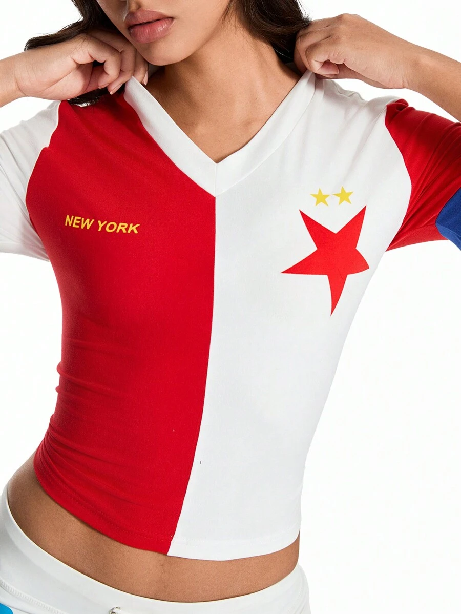 SHEIN Unity Women V-Neck Star & Letter Print Contrast Color T-Shirt - Multicolor - View 1