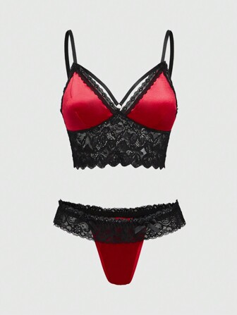 Goth Set di lingerie sexy senza fili in raso e pizzo, stile gotico per San Valentino