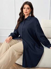 Mulvari Áo sơ mi trơn tối giản cỡ lớn, mặc hàng ngày - Màu xanh hải quân - Xem 1