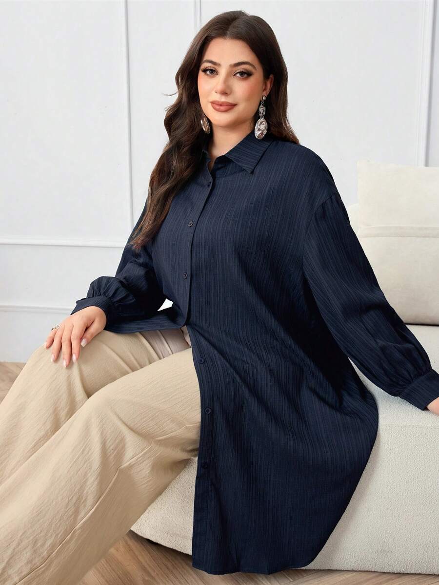 Mulvari Áo sơ mi trơn tối giản cỡ lớn, mặc hàng ngày - Màu xanh hải quân - Xem 1