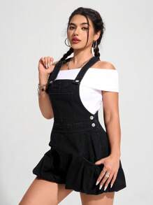 SHEIN EZwear 女士休闲牛仔背带工装裤连体裤，简约时尚，适合日常穿着 - 黑色 - 查看 4