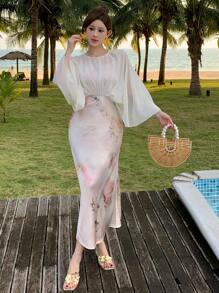 DAZY Robe mi-longue en satin à imprimé floral patchwork avec taille froncée, convient pour un rendez-vous, robe d'automne à manches longues, robe de Pâques - Beige - Voir 9