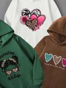 3 piezas Sudaderas con capucha de manga larga cómodas y holgadas con estampado de leopardo, corazones y retratos para niñas