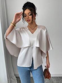 Elenzga Women's Solid Color V-Neck Batwing Sleeve Ruffle Hem Loose Blouse - Beige - View 4