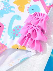 Newborn Baby 1-Piece Ruffled Swimsuit With Cute Dinosaur Print, Pink