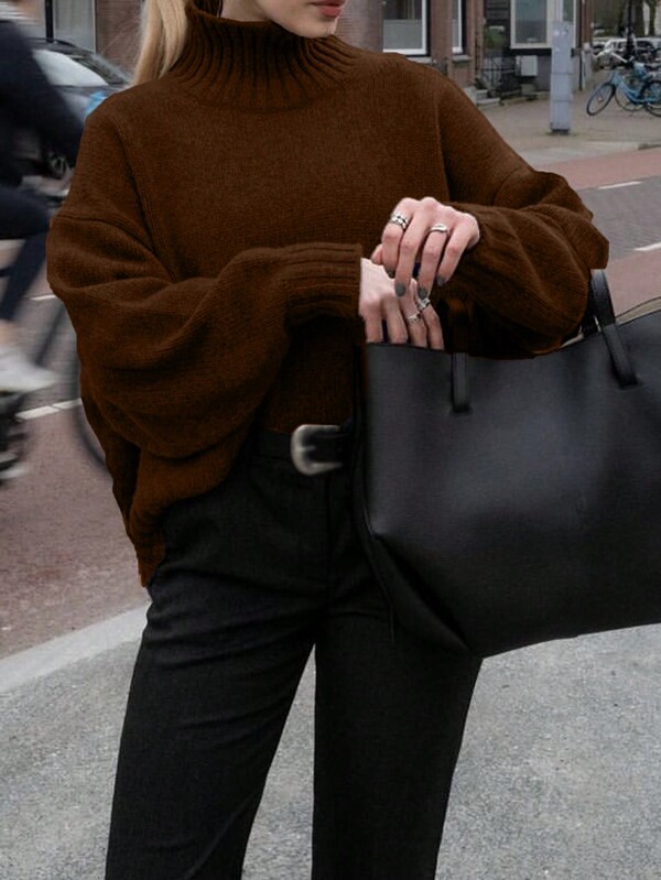 INAWLY Pullover Damen Große Größen Einfarb Hoher Kragen Drop-Shoulder