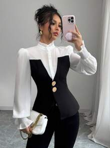 Almamuse 女士优雅荷叶边领子，撞色半透明雪纺拼接，灯笼褶皱袖口，大金属纽扣装饰长袖衬衫 - 黑色 - 查看 4