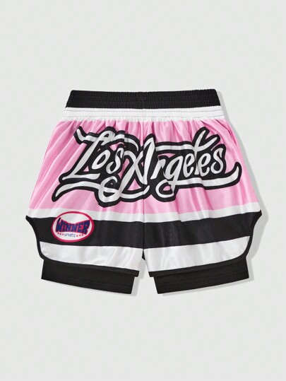 Prep Pantaloncini da basket con stampa a lettere, vita elastica, a doppio strato, da uomo