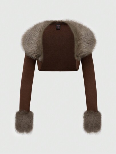 Grunge Punk Women Y2K Style Thanksgiving , Patchwork Fluffy Collar Cropped Top In Brown