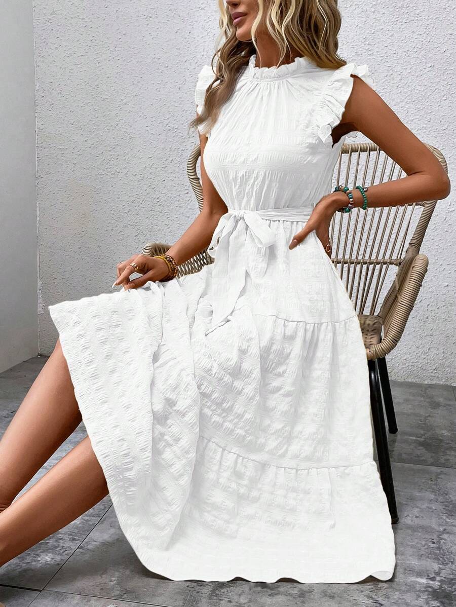 SHEIN LUNE 女士纯色领前系带休闲优雅连衣裙，休闲款 - 白色 - 查看 1